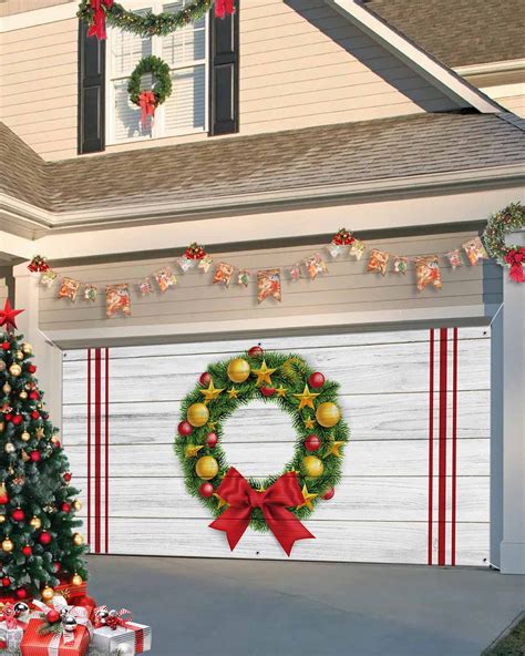 Garage Door Banner Cover 7 x 8 ft, Christmas Wreath Farmhouse Style