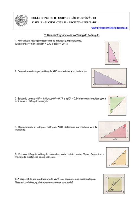 Lista De Exercícios De Trigonometria No Triângulo Retângulo Pdf