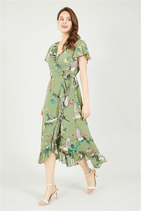 Yumi Green Frill Crane Wrap Midi Dress