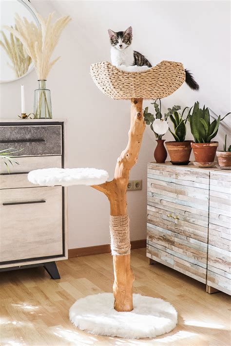 Uni Modern Cat Tree By Mau Faux Fur Boho Cat Tower Real Wooden Cat