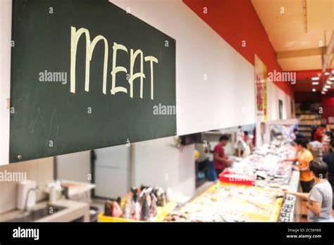 Meat Signage At The Meat Perishable Produce Section Of Supermarket With