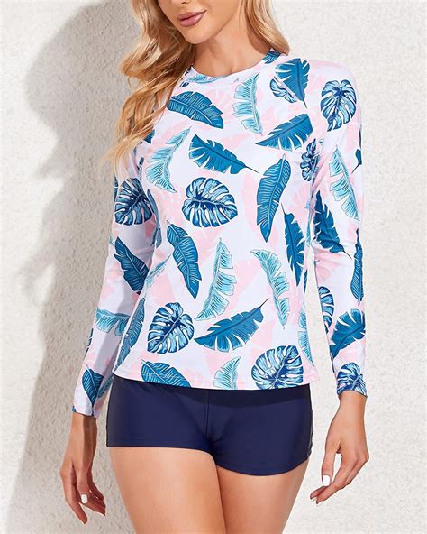 Snapklik Daci Women Pink And Blue Leaf Two Piece Rash Guard Long