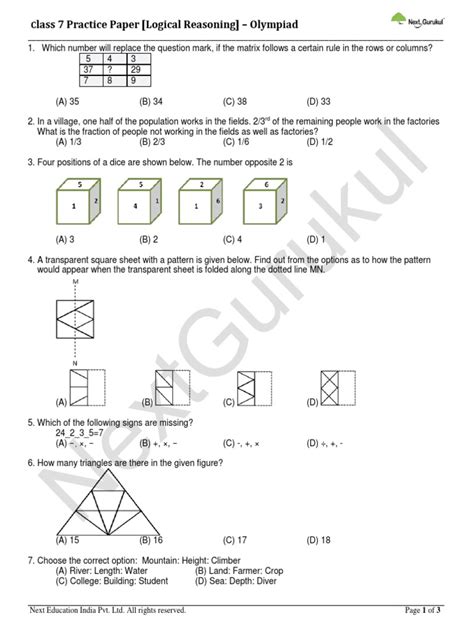 Class 7 Maths Olympiad Logical Reasoning Practice Papers Pdf