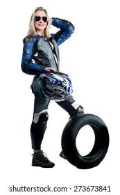 Beautiful Sexy Blonde Girl Motorcycle Suit Stock Photo