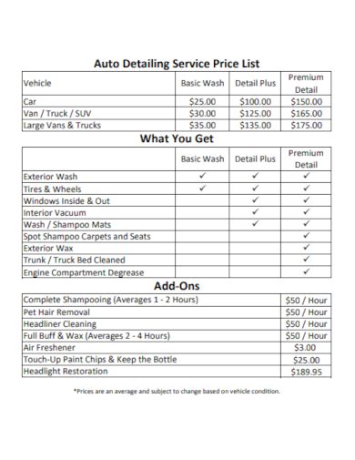 Free Modern Car Detailing Price List Template To Design Atelier Yuwa