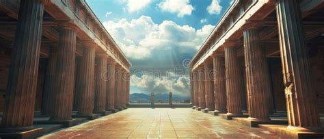 Ancient Greek Or Roman Temple Panorama Of Columns On Sky Background