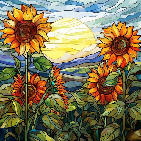 Sunflowers Stained Glass Design Png Digital Download 350 Dpi Flowers