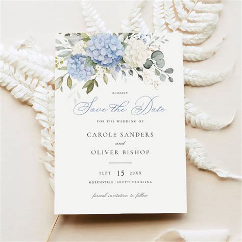 Floral Blue Hydrangea Greenery Wedding Save Date Invitation Zazzle