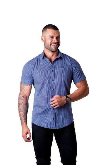 Camisa Social Masculina Manga Curta Tricoline Slim Fit Luxo Premium