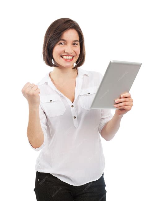 Mujer Exitosa Usando Una Tableta Electrónica Aislada En Blanco Foto