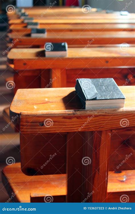 Rows Of Church Benches With Bibles Empty Wooden Pews Selective Focus