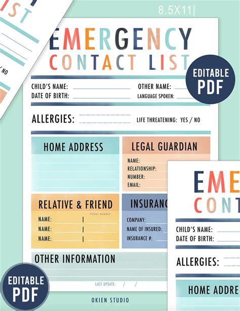 Editable Emergency Contact Sheet Pdf Emergency Contact List Etsy