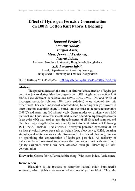 Pdf Effect Of Hydrogen Peroxide Concentration On 100 Cotton Knit