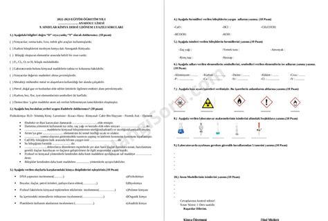 9 Sınıf Kimya 1 Dönem 1 Yazılı Soruları Klasik 2022 HangiSoru