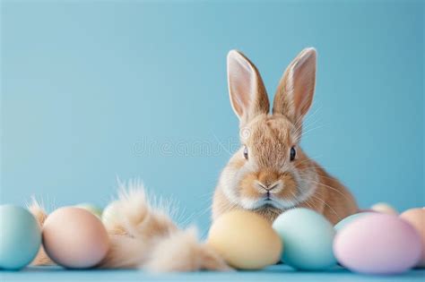 Cute Fluffy Bunny Nestled Among Colorful Easter Eggs On Blue Background