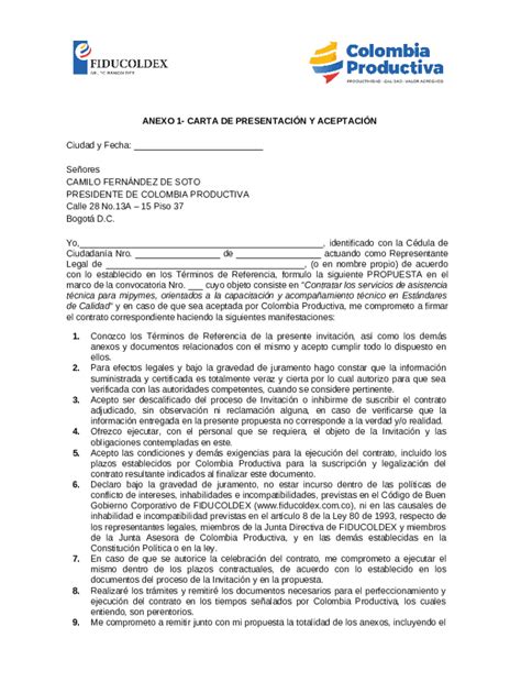 Anexo Carta De Presentacin De La Propuestan Fiducoldex Doc Template