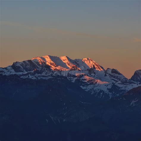 Snow Capped Mountain Bl Emlisalp At Sunrise View From Mount Nie Stock