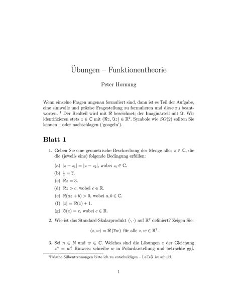 Bungsaufgaben Funktheo Ubungen Funktionentheorie Peter Hornung