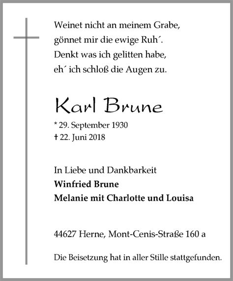 Traueranzeigen Von Karl Brune Trauer In NRW De