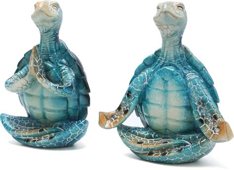 Set Of 2 Sea Turtle Yoga Figurines Decorations Summer Meditating Sea