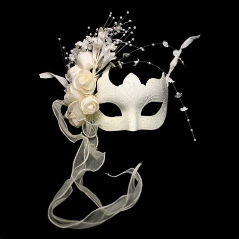 White Venetian Half Mask With Flowers