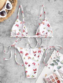 OFF ZAFUL Butterfly Print Tie String Bikini Swimwear In WHITE ZAFUL