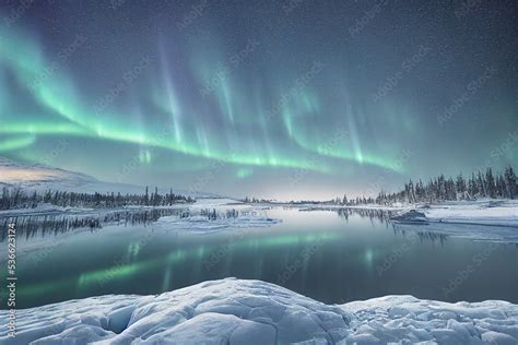 Winter Tundra Landscape With Cold Lake And Polar Lights 3D Art Work