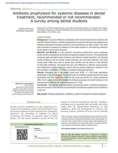 Pdf Antibiotic Prophylaxis For Systemic Diseases In Dental Treatment Recommended Or Not