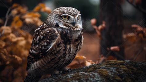 Background Burung Hantu Betina Duduk Di Atas Batu Di Hutan Musim Gugur