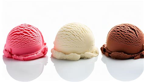 Strawberry Vanilla Chocolate Different Flavor Ice Cream Scoops Side View On White Background