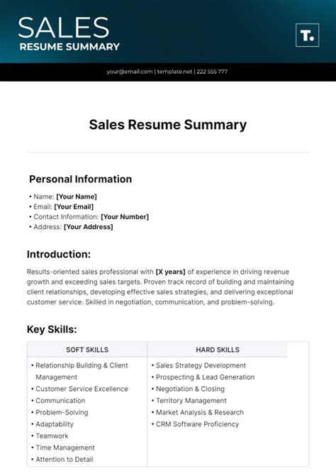 Free Sales Resume Summary Template Edit Online And Download