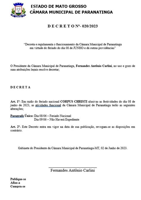 Publicação do Decreto Nº 020 2023 em virtude do feriado do dia 08 junho