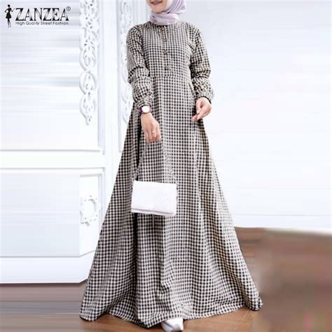 Zanzea Muslimah Womens Muslim Plaid Check Puff Sleeve Button Down Maxi