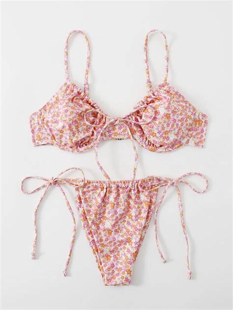 SHEIN Swim Mod Bañador bikini con aro floral con cordón delantero