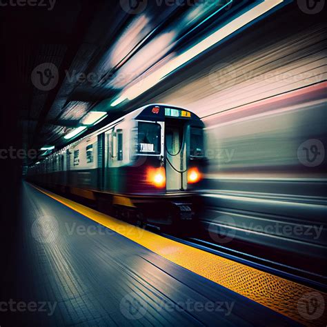 Subway station, speeding fast train, people rushing to the electric ...