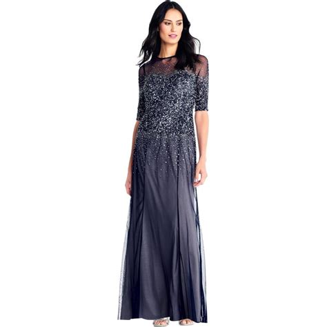 Adrianna Papell Womens Beaded Illusion Gown Navy Adrianna Papell