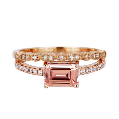 Jeenmata 2 Carat Emerald Cut Real Peach Morganite And Moissanite East West Set Wedding Ring