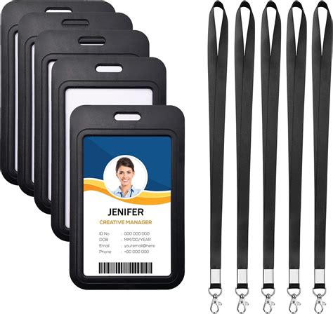 ID Card Holder 5 Set Sliding Vertical Badge Holder Black Lanyard With