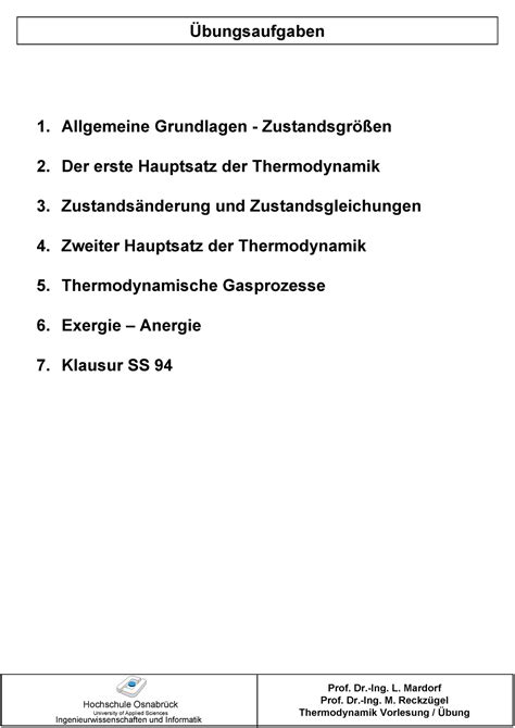 Thermodynamik Übungaufgaben 03 2011 pdf Übungsaufgaben 1 Allgemeine