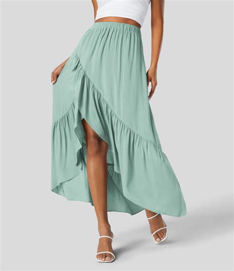 Womens High Waisted Plicated High Low Ruffle Hem Flowy Maxi Resort