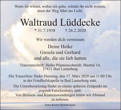 Traueranzeigen Von Waltraud L Ddecke Harztrauer De