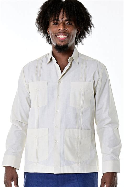 Bohio Men Beige Cuban Guayabera Shirt Casual Beach Chacavana Button Up