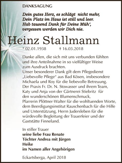 Traueranzeigen Von Heinz Stallmann Abschied Nehmen De