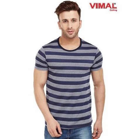 Party Wear Half Sleeves Vimal Navy Blue Striped Round Neck T Shirt For