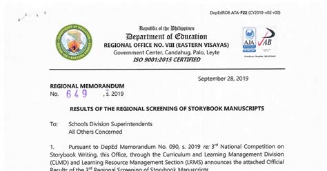 RO8 RM S2019 649 Results Of The Regional Screening Of Storybook