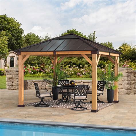 Sunjoy 10 Ft X 10 Ft Cedar Framed Gazebo With Brown Steel 2 Tier Hip