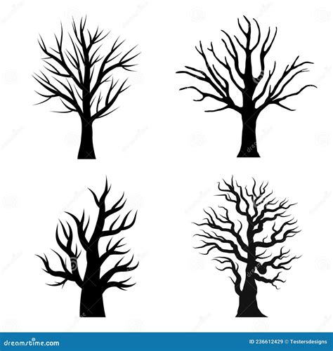 Black Branch Tree Or Naked Trees Silhouettes Set Hand Drawn Isolated