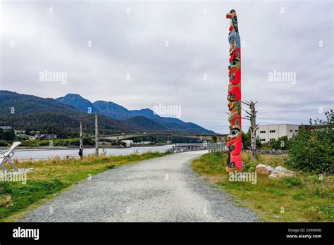 Native American Totem Pole On Juneau Seawalk In Overstreet Park On The