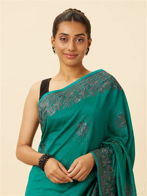 Buy Emerald Green Stone Work Saree With Floral Patterns Online In The