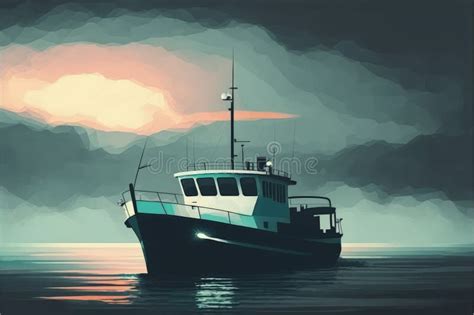 Vessel On Ocean With Overcast Sky In The Background Stock Illustration
